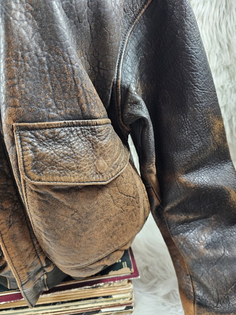 1990s - ONTIME Leather Jacket Mid - length American Casual Distress Brown MED - Jackets - ThrowbackBuys - The Thrifty Gypsyy Shop