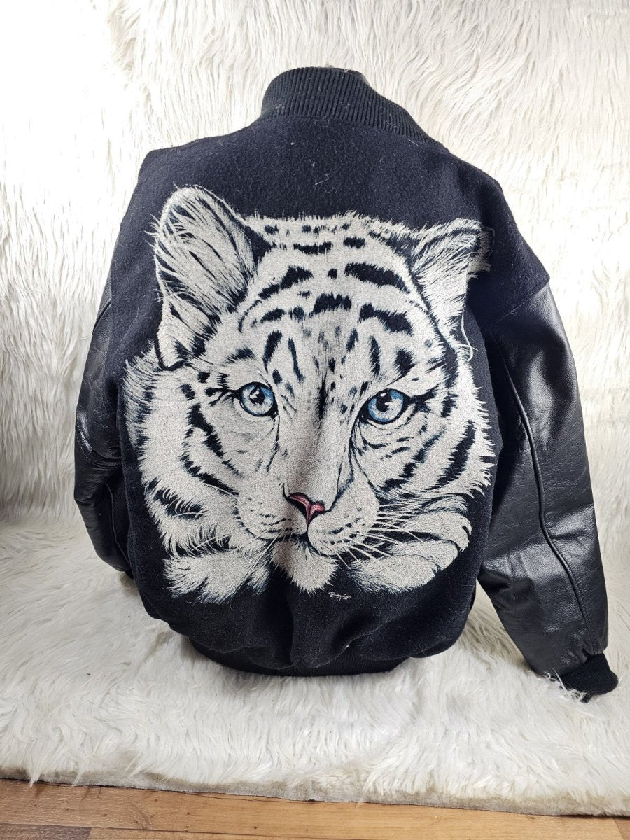 1990s - Steer Brand Tiger Varsity Jacket, Medium Black - Jackets - ThrowbackBuys - The Thrifty Gypsyy Shop