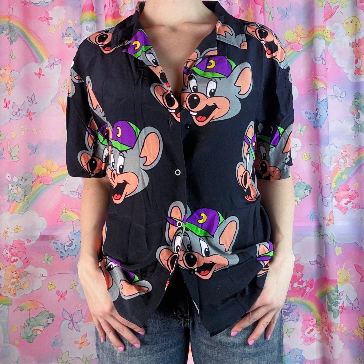 Chuck E. Cheese Button Up Shirt – Cartoon Print Adult Unisex Small - Shirts - ThrowbackBuys - Starbunnyvintage