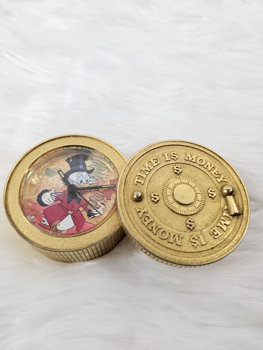 1980 - Walt Disney Scrooge McDuck “Time is Money” Brass Clock - Clocks - ThrowbackBuys - The Thrifty Gypsyy Shop