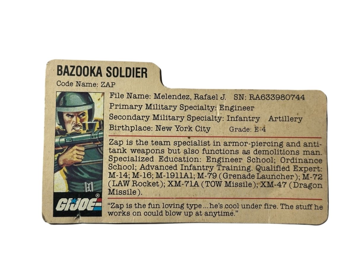 1983 GI Joe Bazooka Soldier Zap Red File Card Only Cut Out Mail Away Red Back - Action Figures & Collectibles - ThrowbackBuys - Abunnysvintageco