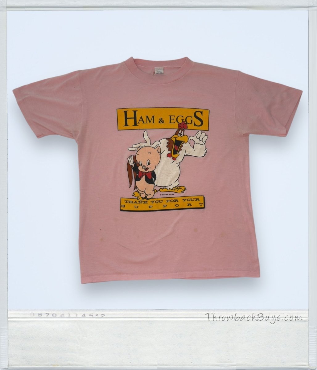 1986 - Porky Pig Foghorn Leghorn 'Ham & Eggs' Pink T-Shirt - RARE - T-Shirts - ThrowbackBuys - ThrowbackBuys