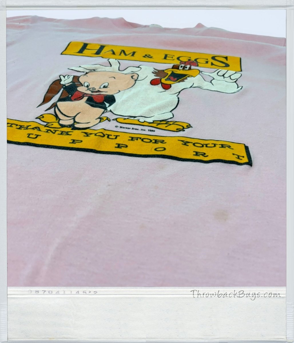 1986 - Porky Pig Foghorn Leghorn 'Ham & Eggs' Pink T-Shirt - RARE - T-Shirts - ThrowbackBuys - ThrowbackBuys