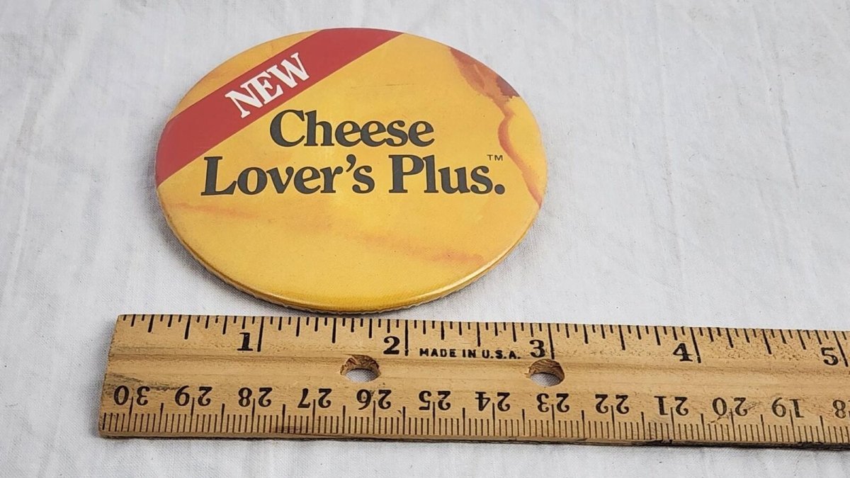 1989 - Pizza Hut New Cheese Lover's Pizza Disc Pin - 3", Yellow - Pins - ThrowbackBuys - ResellerDoor