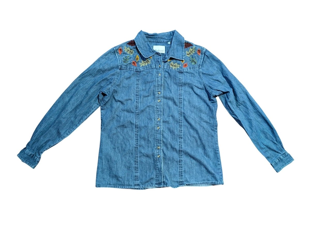 1990s Embroidered Fall Leaves Denim Button - Up - Long Sleeve T-Shirt - ThrowbackBuys - Shiznit