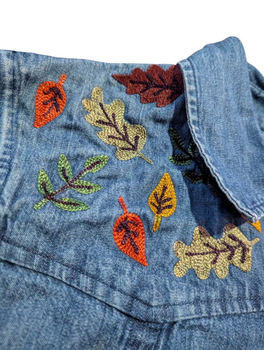 1990s Embroidered Fall Leaves Denim Button - Up - Long Sleeve T-Shirt - ThrowbackBuys - Shiznit