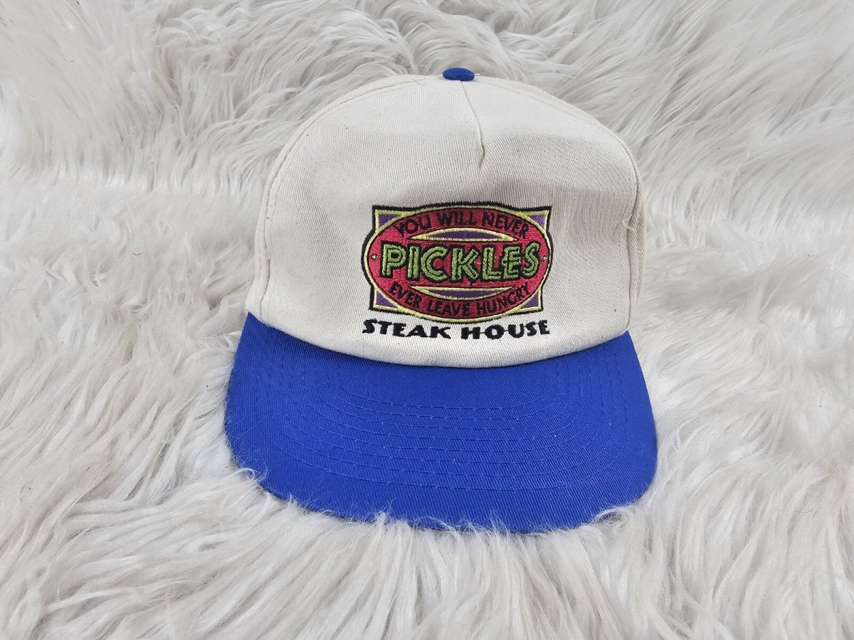 1990s - Pickles Steakhouse Blue Rim Beige Top Snapback Trucker Hat Cap Food - Hats - ThrowbackBuys - The Thrifty Gypsyy Shop