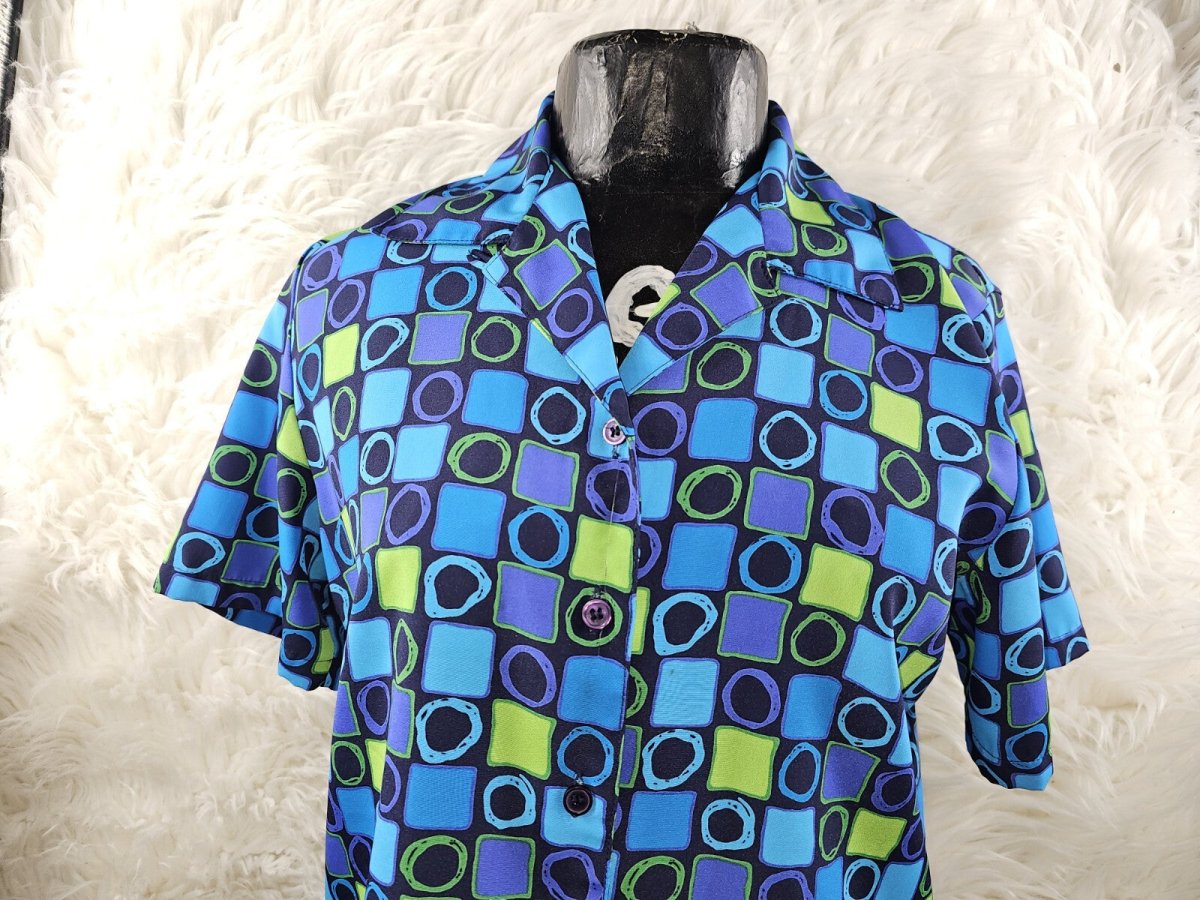 1990s - Silk Checkered Blouse Size S - M Blue Purple Green Colorblock Squares - Shirts - ThrowbackBuys - The Thrifty Gypsyy Shop