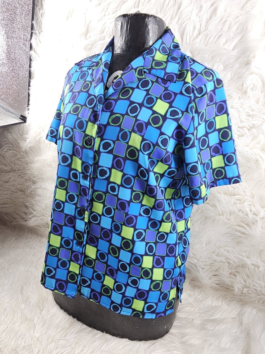 1990s - Silk Checkered Blouse Size S - M Blue Purple Green Colorblock Squares - Shirts - ThrowbackBuys - The Thrifty Gypsyy Shop