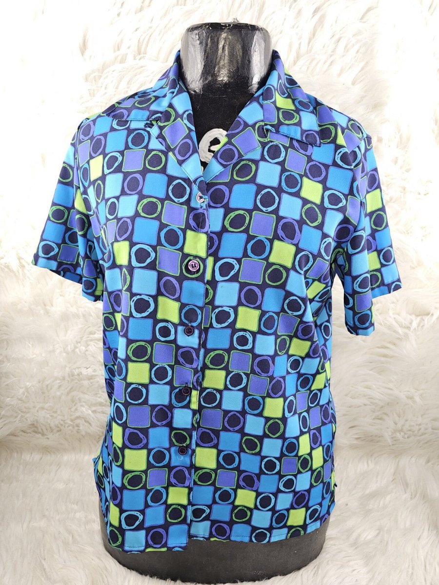 1990s - Silk Checkered Blouse Size S - M Blue Purple Green Colorblock Squares - Shirts - ThrowbackBuys - The Thrifty Gypsyy Shop