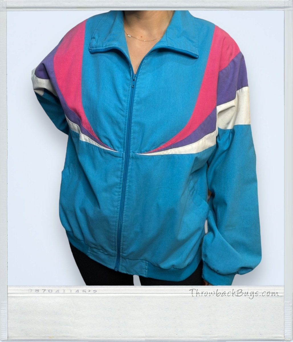 1990s - Vintage Blue Pink Purple Striped Warmup Jacket - Jackets - ThrowbackBuys - ThrowbackBuys