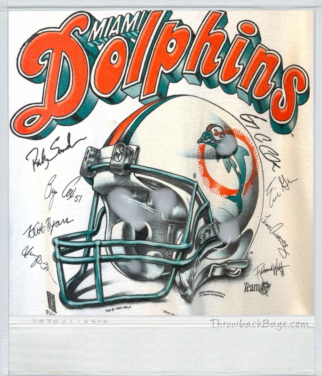 1995 - NFL Miami Dolphins Helmet Signatures T-Shirt, size L - RARE - T-Shirts - ThrowbackBuys - SuperRetroPod