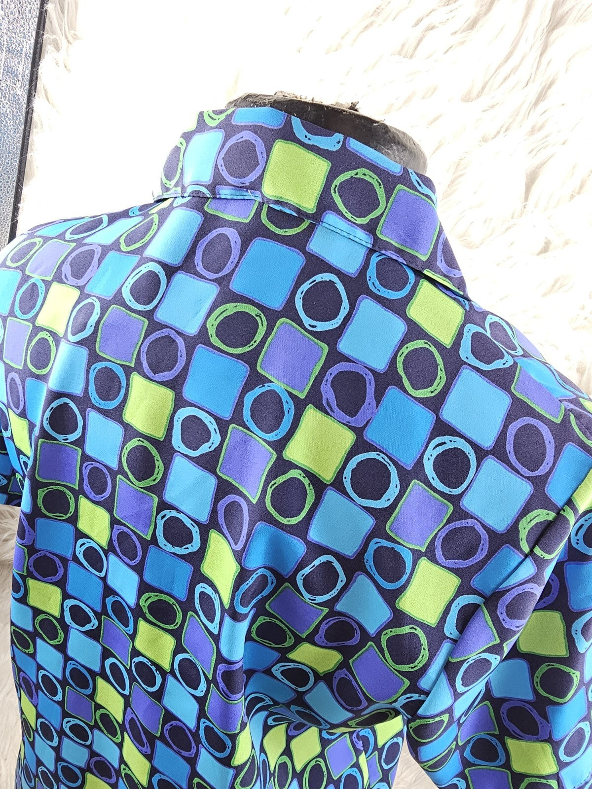 1990s - Silk Checkered Blouse Size S-M Blue Purple Green Colorblock Squares