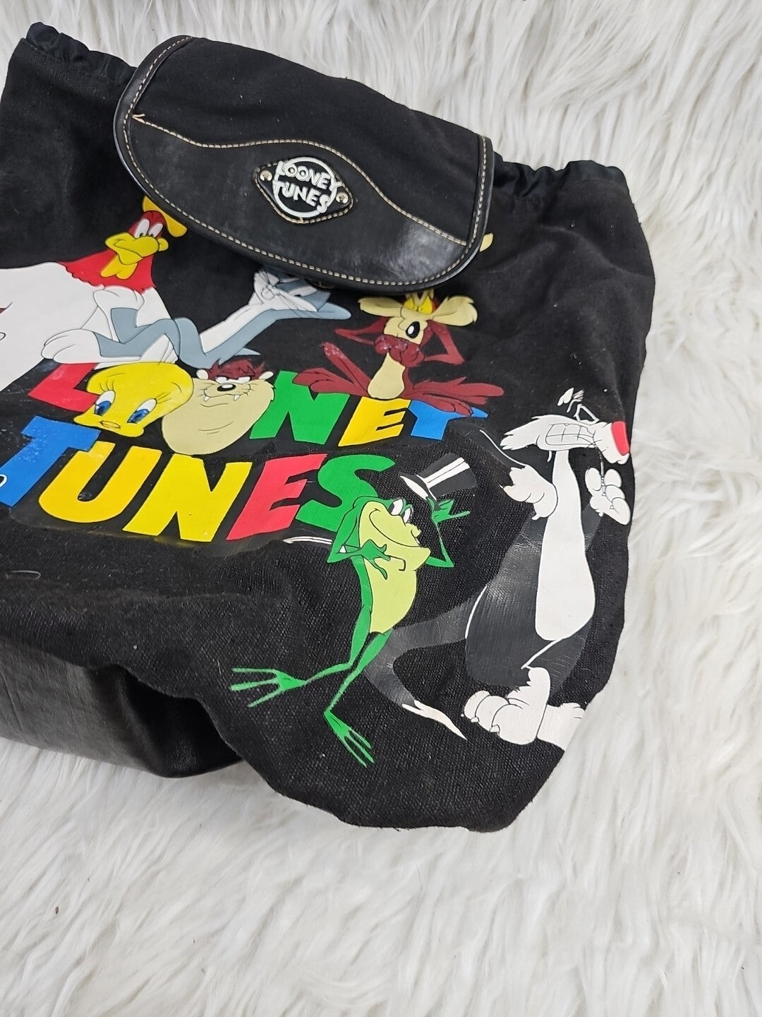 Vintage Looney Tunes WB Backpack Bag Black 90s y2K All Characters Toon Squad