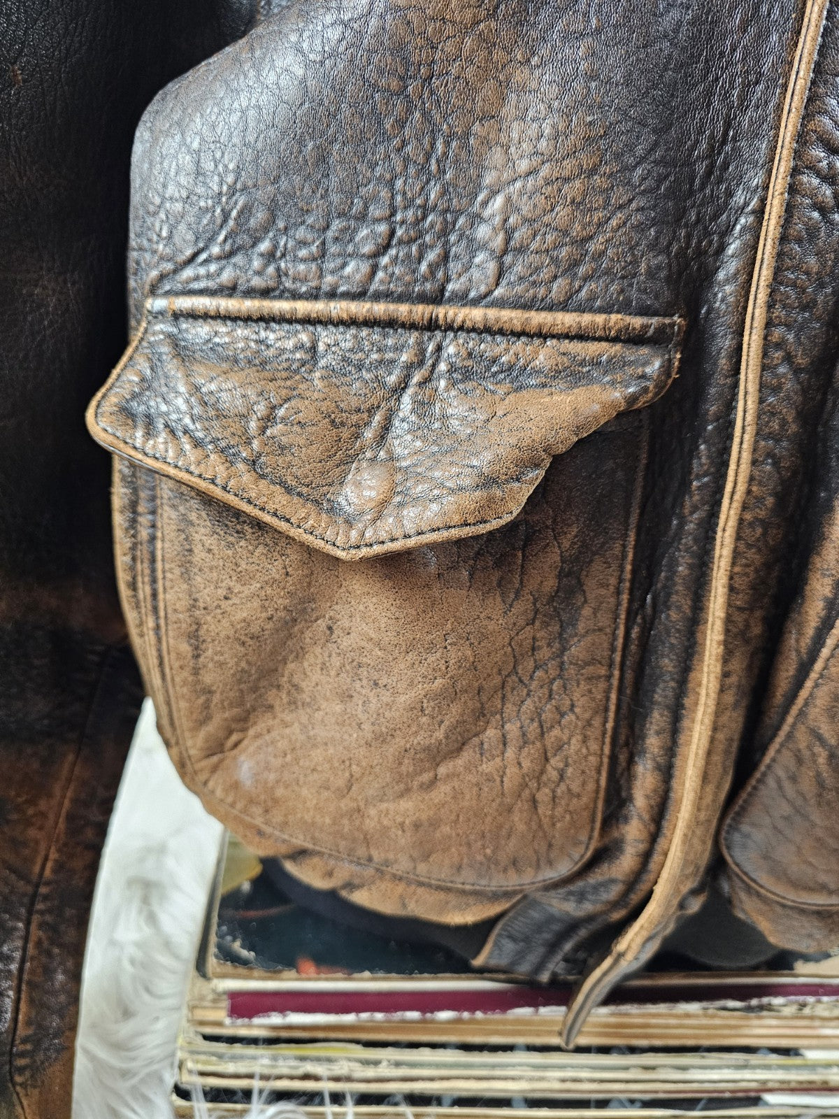 1990s - ONTIME Leather Jacket Mid-length American Casual Distress Brown MED