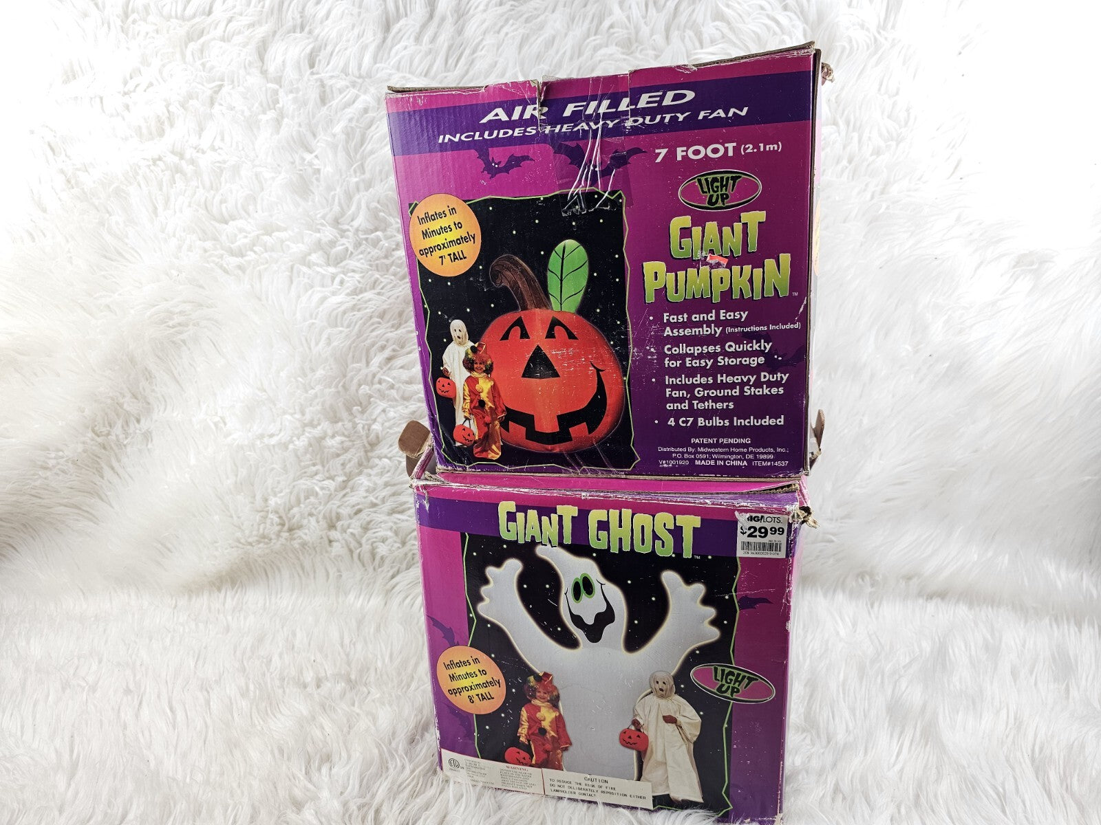 2 Giant 7' And 8' Inflatable Pumpkin And Ghost Halloween Outdoor Blow Up Decor