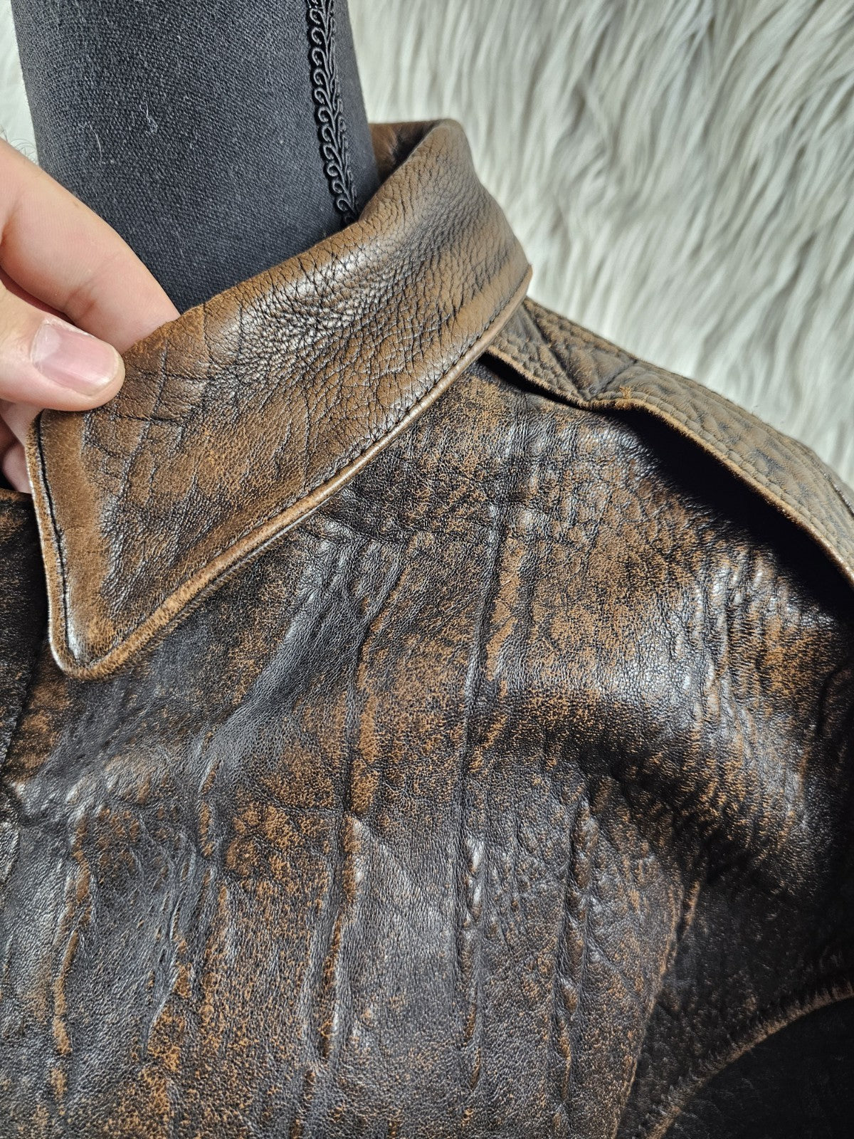 1990s - ONTIME Leather Jacket Mid-length American Casual Distress Brown MED