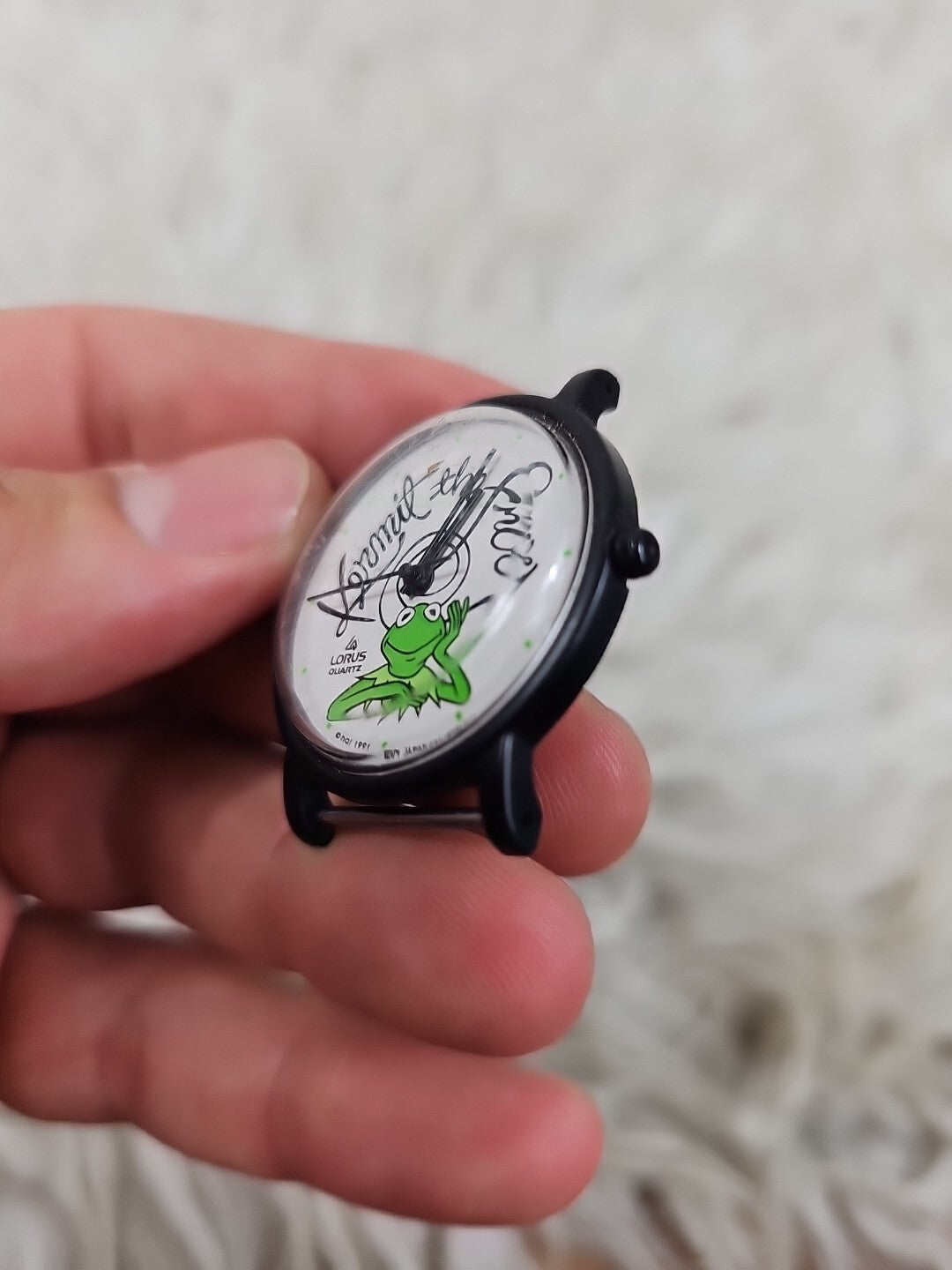 1991 - Lorus Kermit The Frog  Black Round Case Black Faux Leather Band Watch