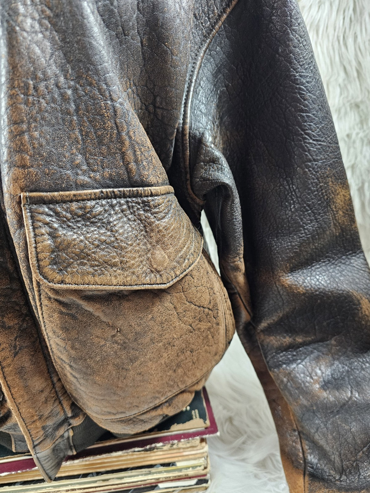 1990s - ONTIME Leather Jacket Mid-length American Casual Distress Brown MED
