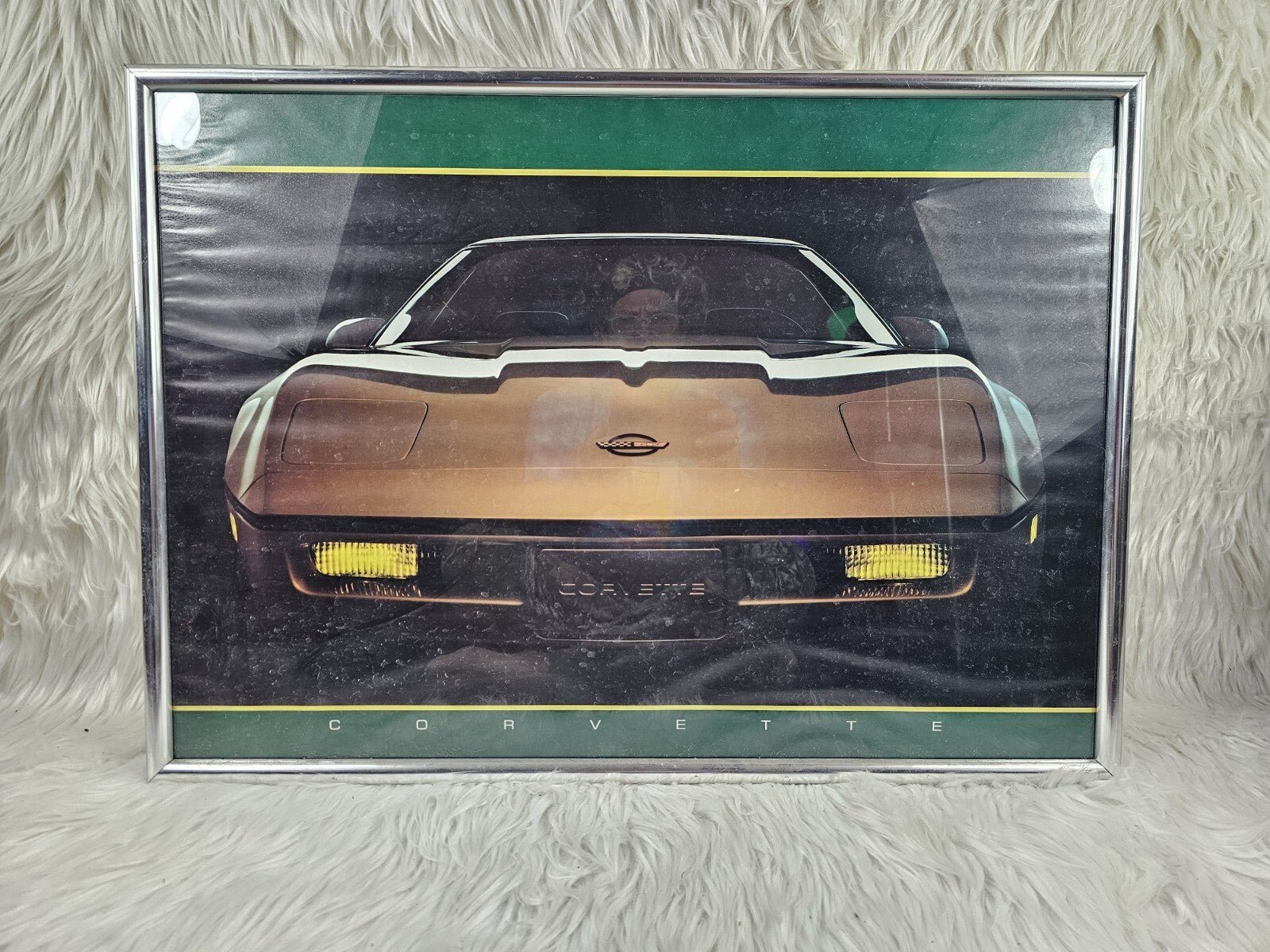 Rare Framed Vintage 1984 Chevrolet Gold Corvette Poster 28x20