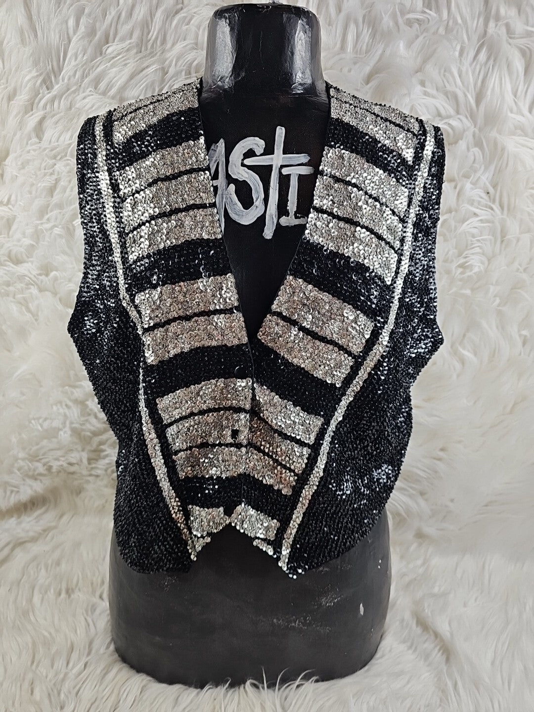 Vintage Match Ups by Natco Medium Sequin Black And White Vest - Psychedelic