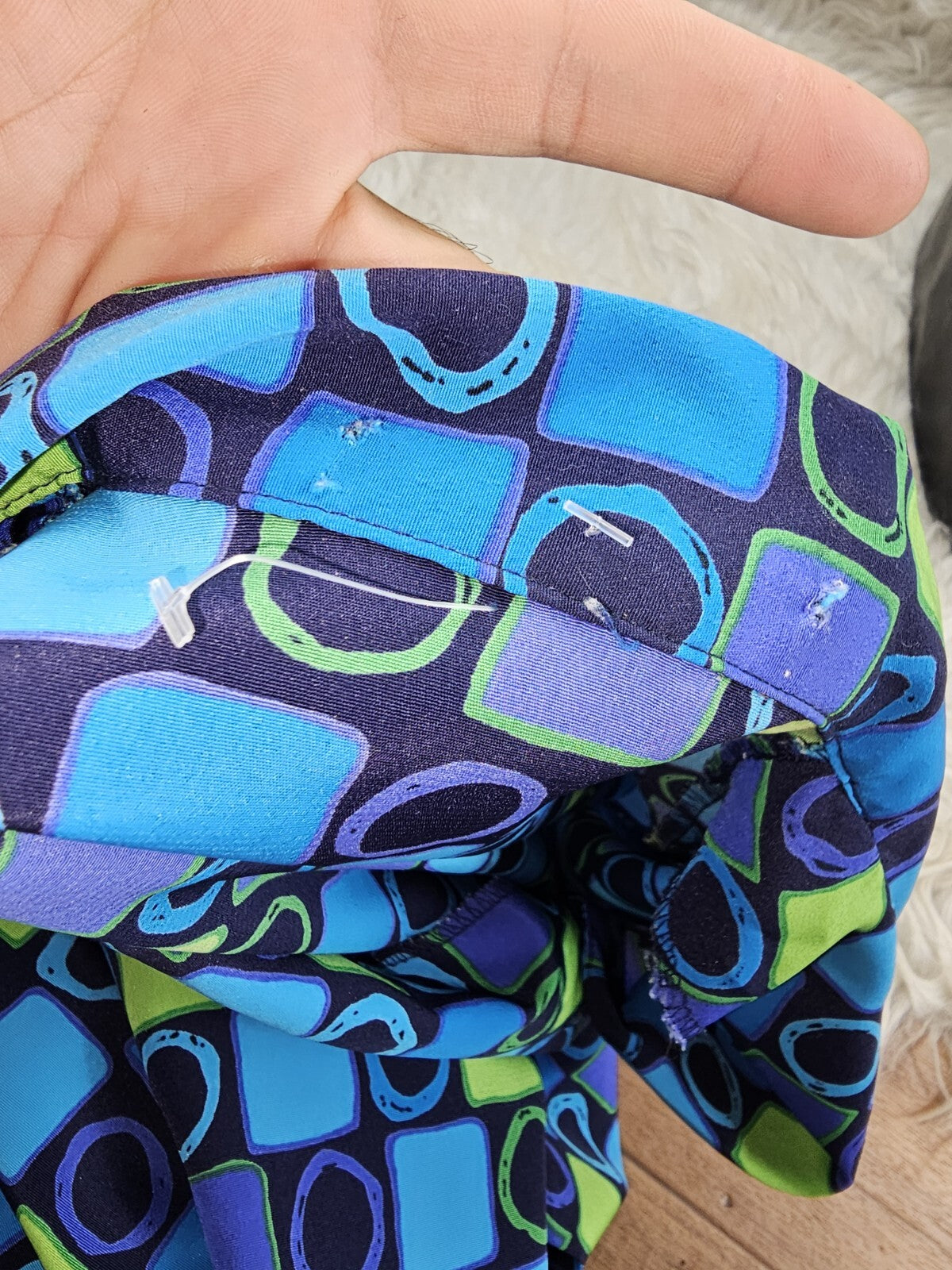 1990s - Silk Checkered Blouse Size S-M Blue Purple Green Colorblock Squares