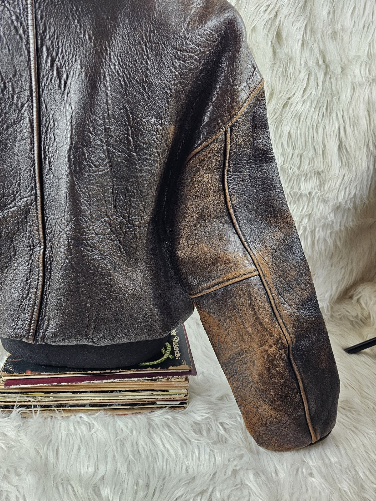 1990s - ONTIME Leather Jacket Mid-length American Casual Distress Brown MED