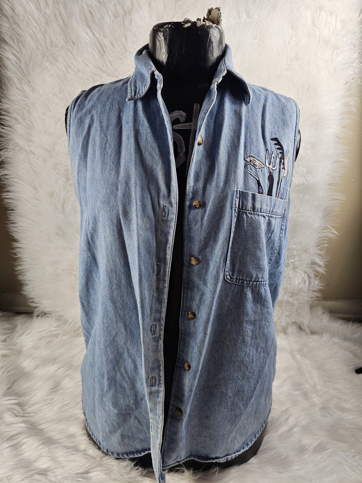 Vintage Unbranded Women's Embroidery Denim Vest Button Down Garden Lady Distress