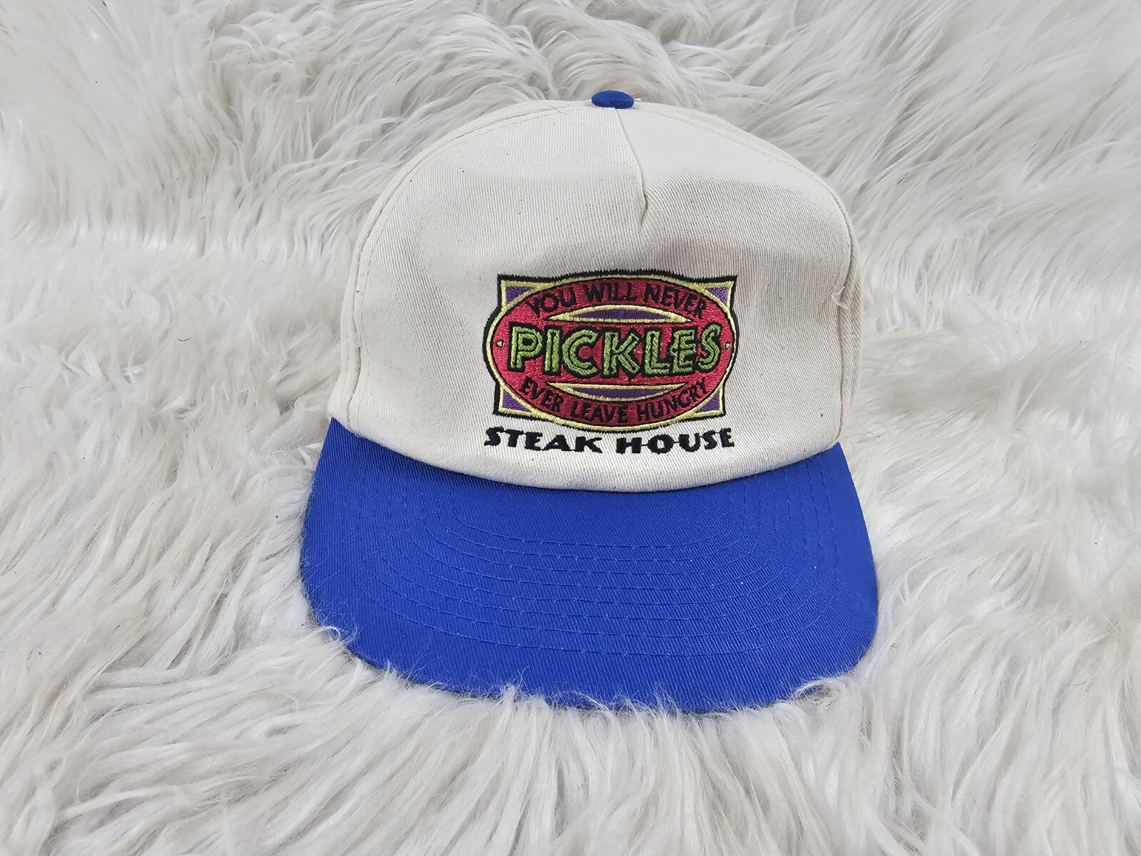 1990s - Pickles Steakhouse Blue Rim Beige Top Snapback Trucker Hat Cap Food