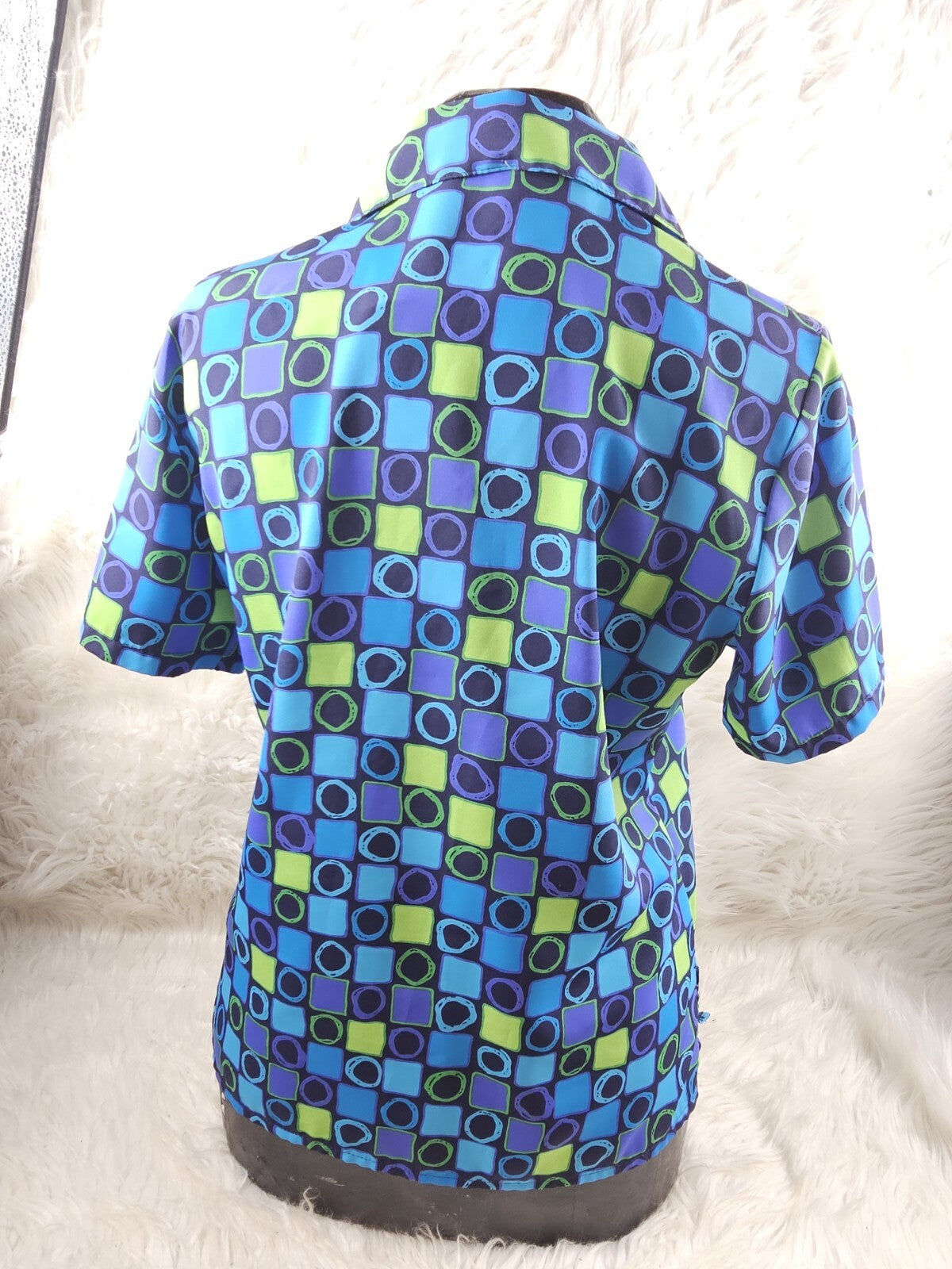 1990s - Silk Checkered Blouse Size S-M Blue Purple Green Colorblock Squares