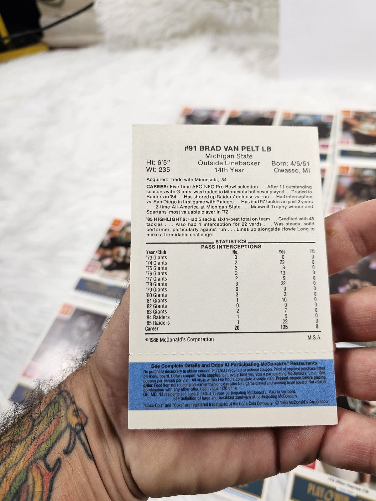 1986 - McDonald's Cards NFL Oakland Raiders (24) Blue Tab Unscratched MINT