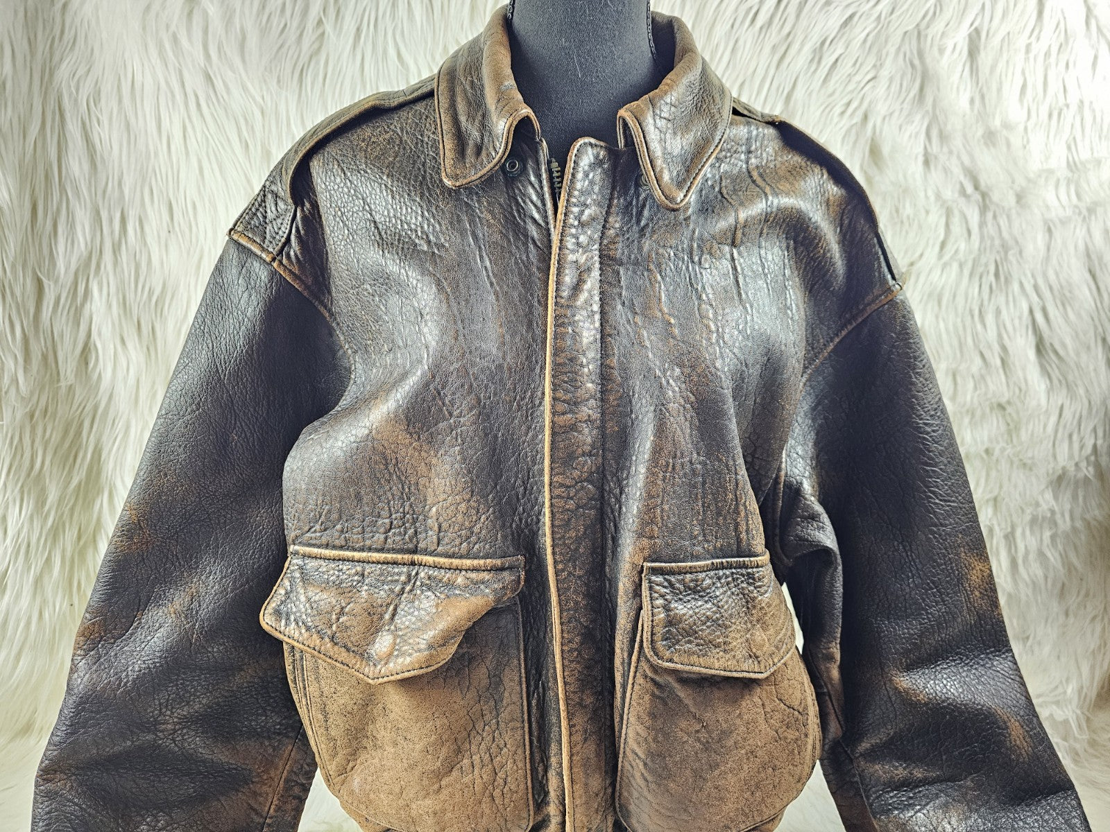 1990s - ONTIME Leather Jacket Mid-length American Casual Distress Brown MED