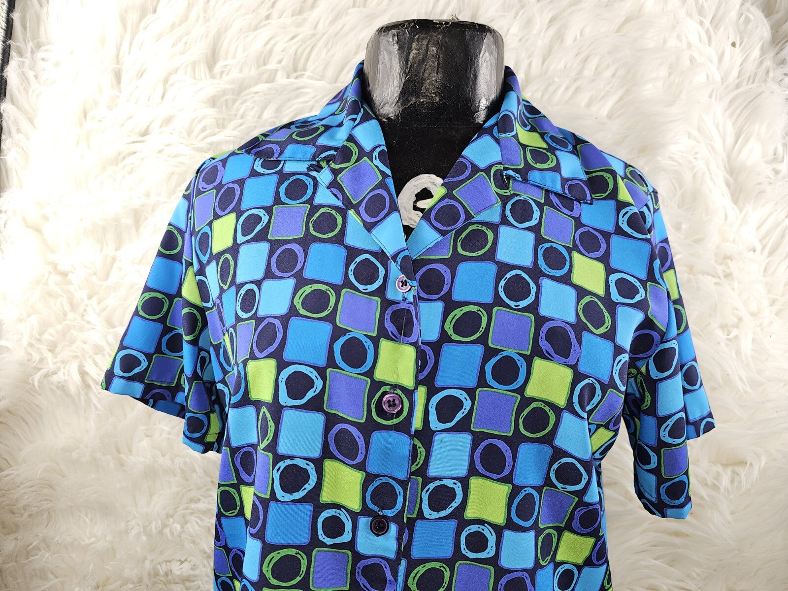 1990s - Silk Checkered Blouse Size S-M Blue Purple Green Colorblock Squares