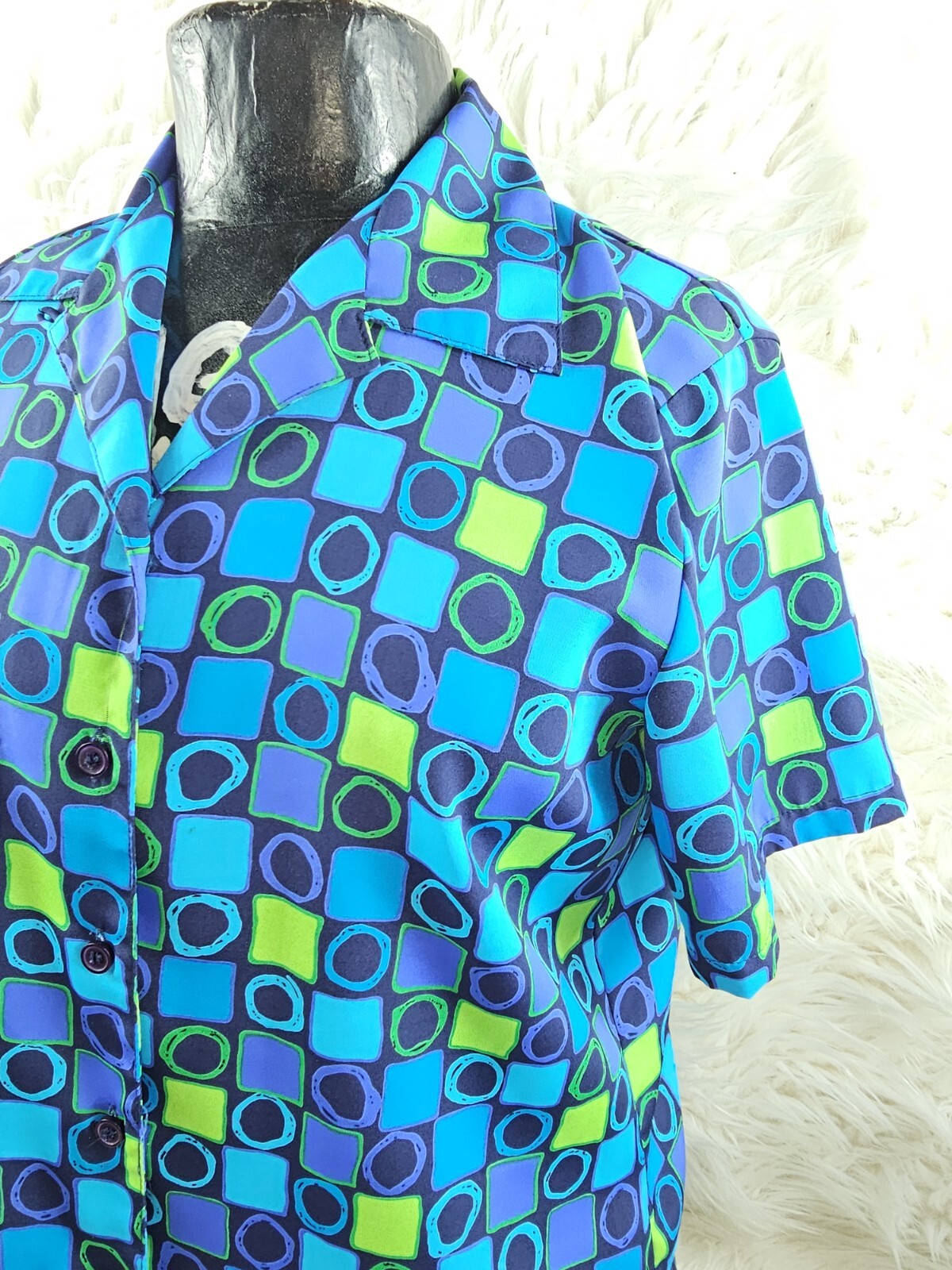 1990s - Silk Checkered Blouse Size S-M Blue Purple Green Colorblock Squares