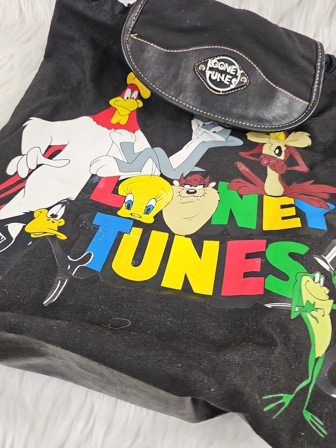 Vintage Looney Tunes WB Backpack Bag Black 90s y2K All Characters Toon Squad