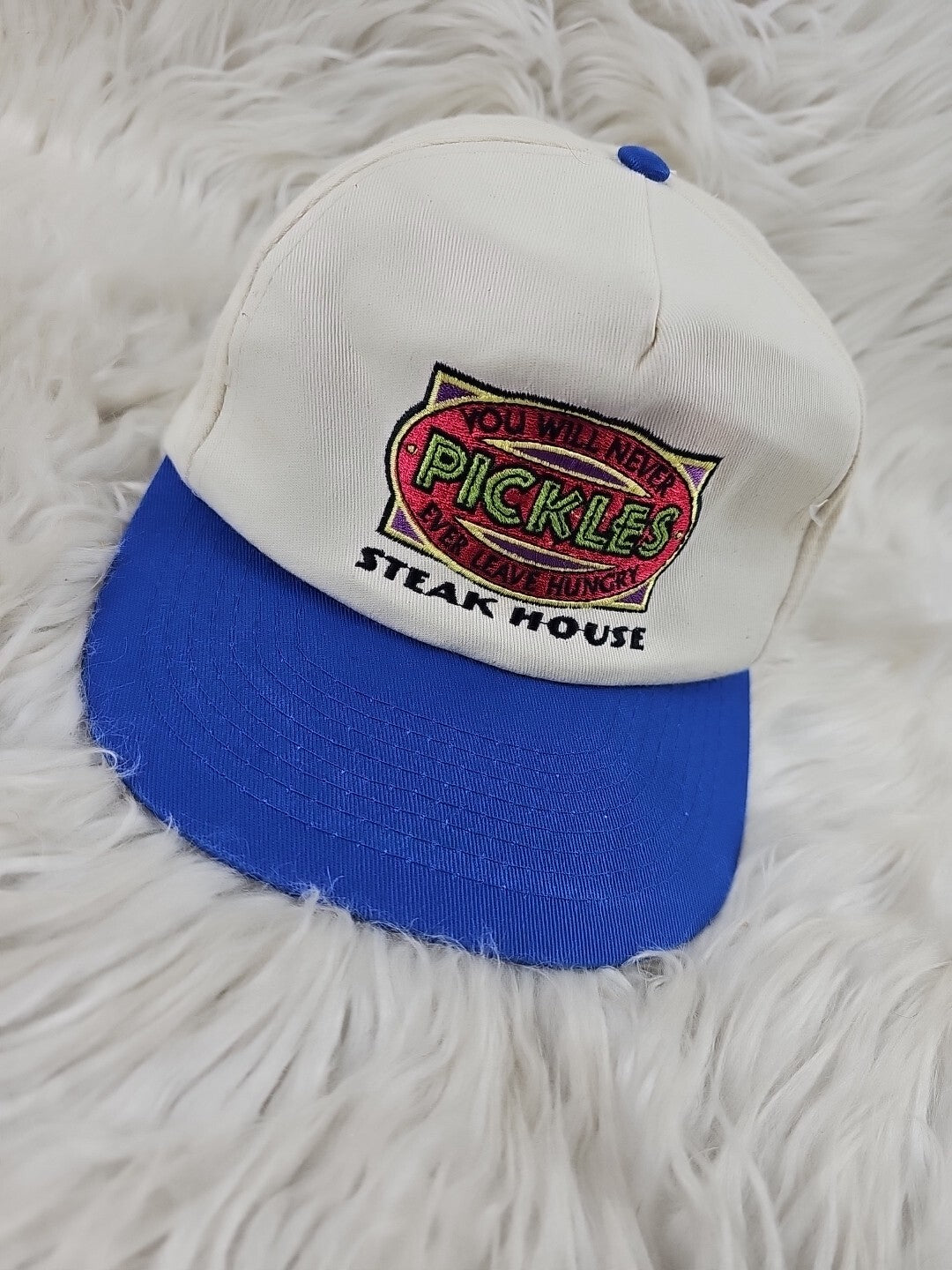 1990s - Pickles Steakhouse Blue Rim Beige Top Snapback Trucker Hat Cap Food