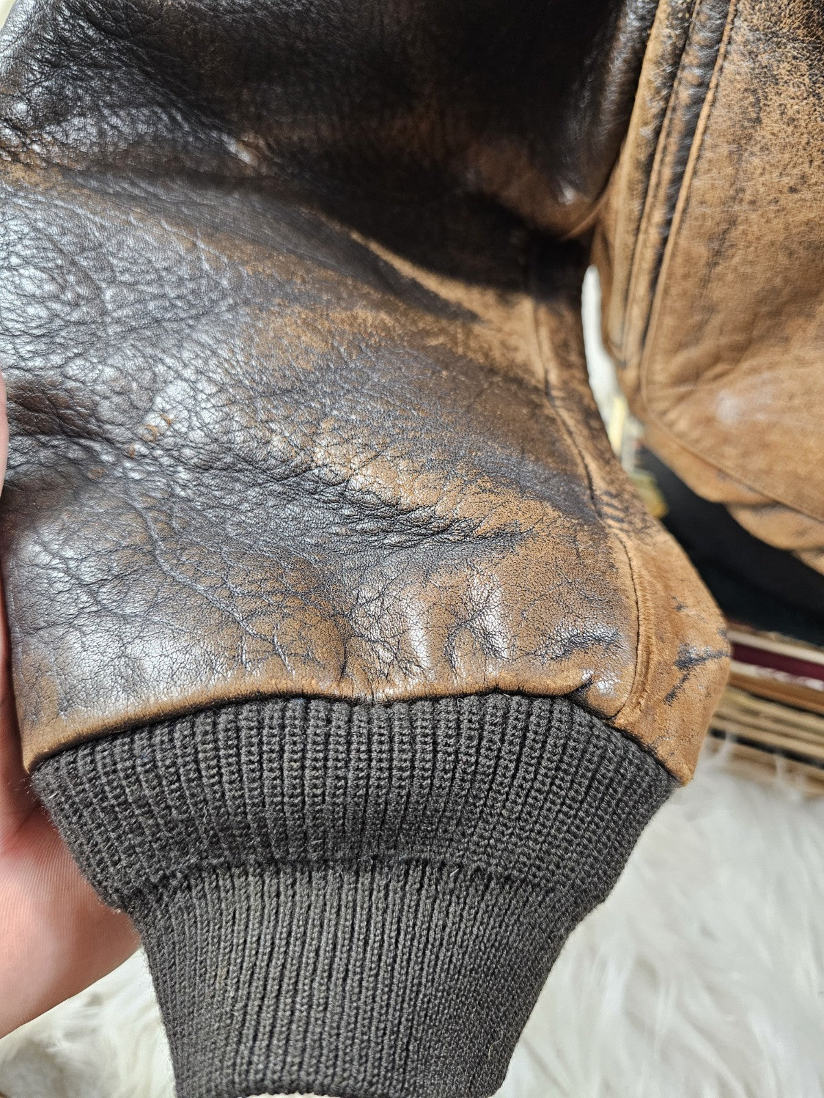 1990s - ONTIME Leather Jacket Mid-length American Casual Distress Brown MED