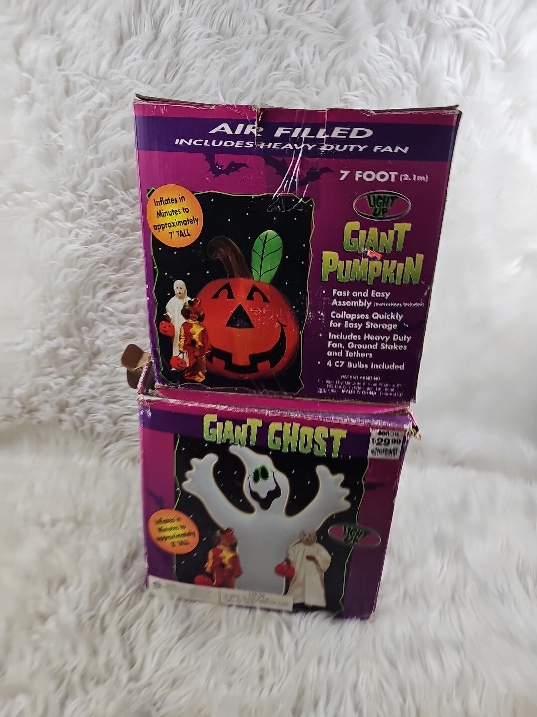 2 Giant 7' And 8' Inflatable Pumpkin And Ghost Halloween Outdoor Blow Up Decor