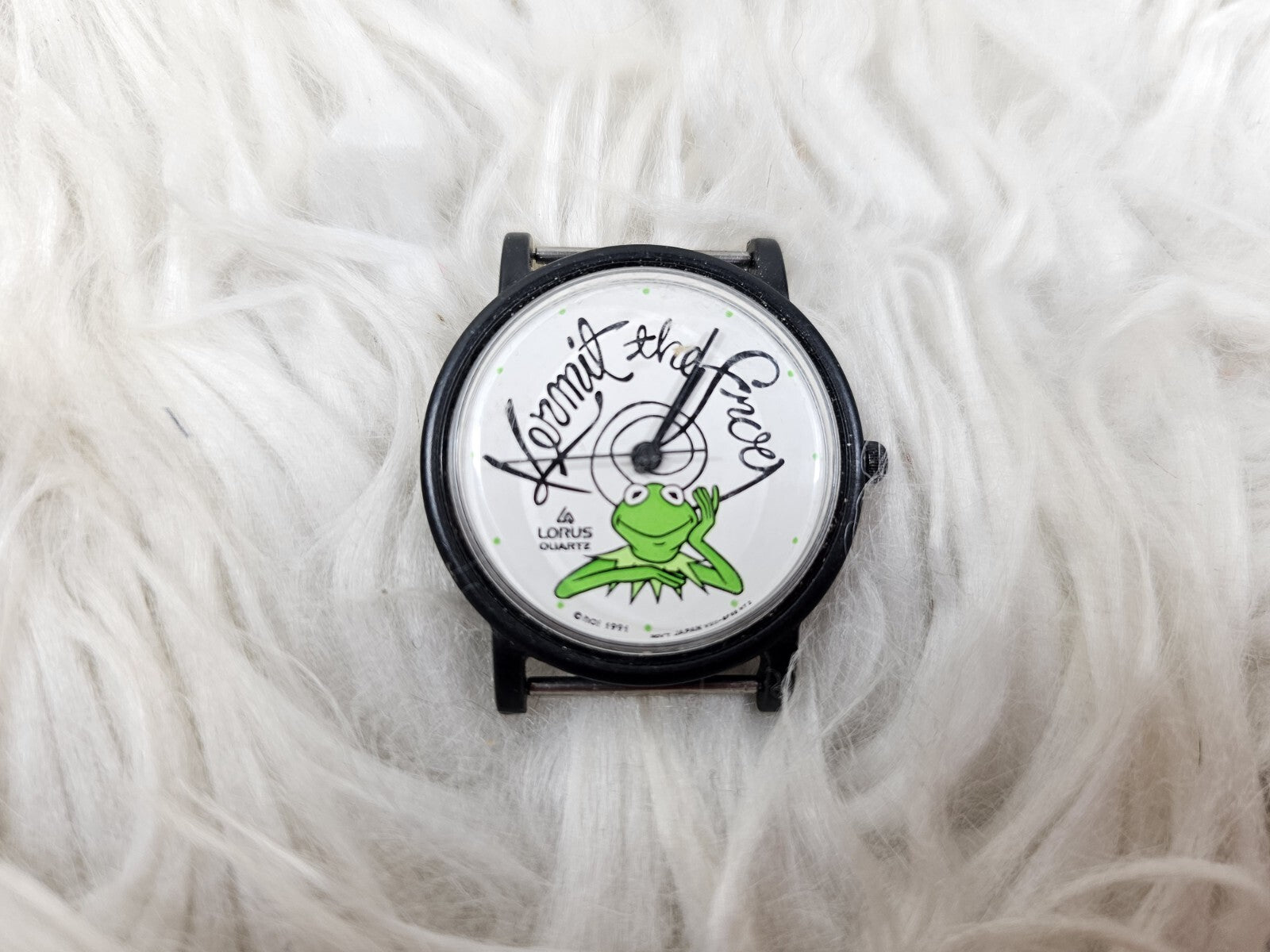 1991 - Lorus Kermit The Frog  Black Round Case Black Faux Leather Band Watch