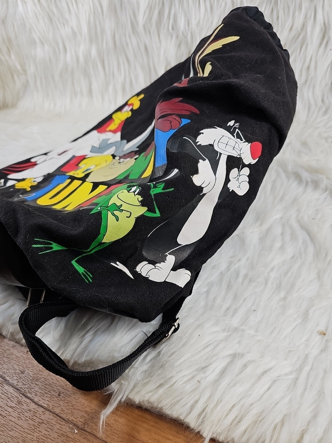Vintage Looney Tunes WB Backpack Bag Black 90s y2K All Characters Toon Squad