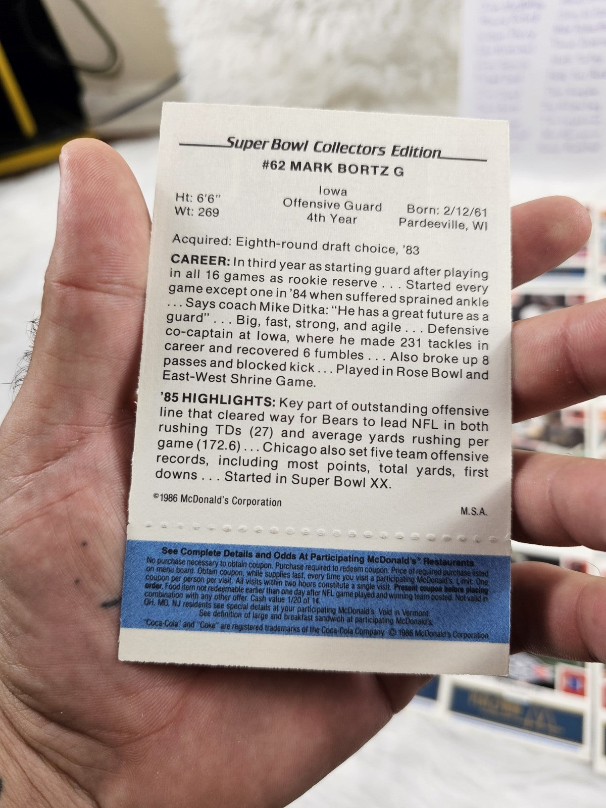 1986 - McDonald's Cards Cards NFL Chicago Bears Superbowl (24) Blue Tab Unscratched MINT
