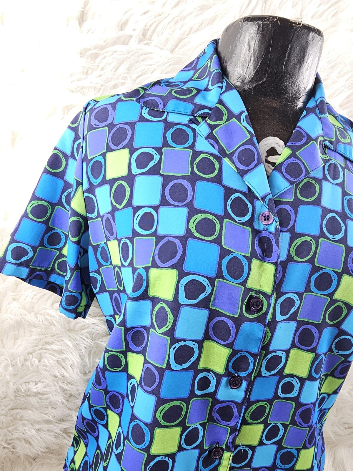 1990s - Silk Checkered Blouse Size S-M Blue Purple Green Colorblock Squares