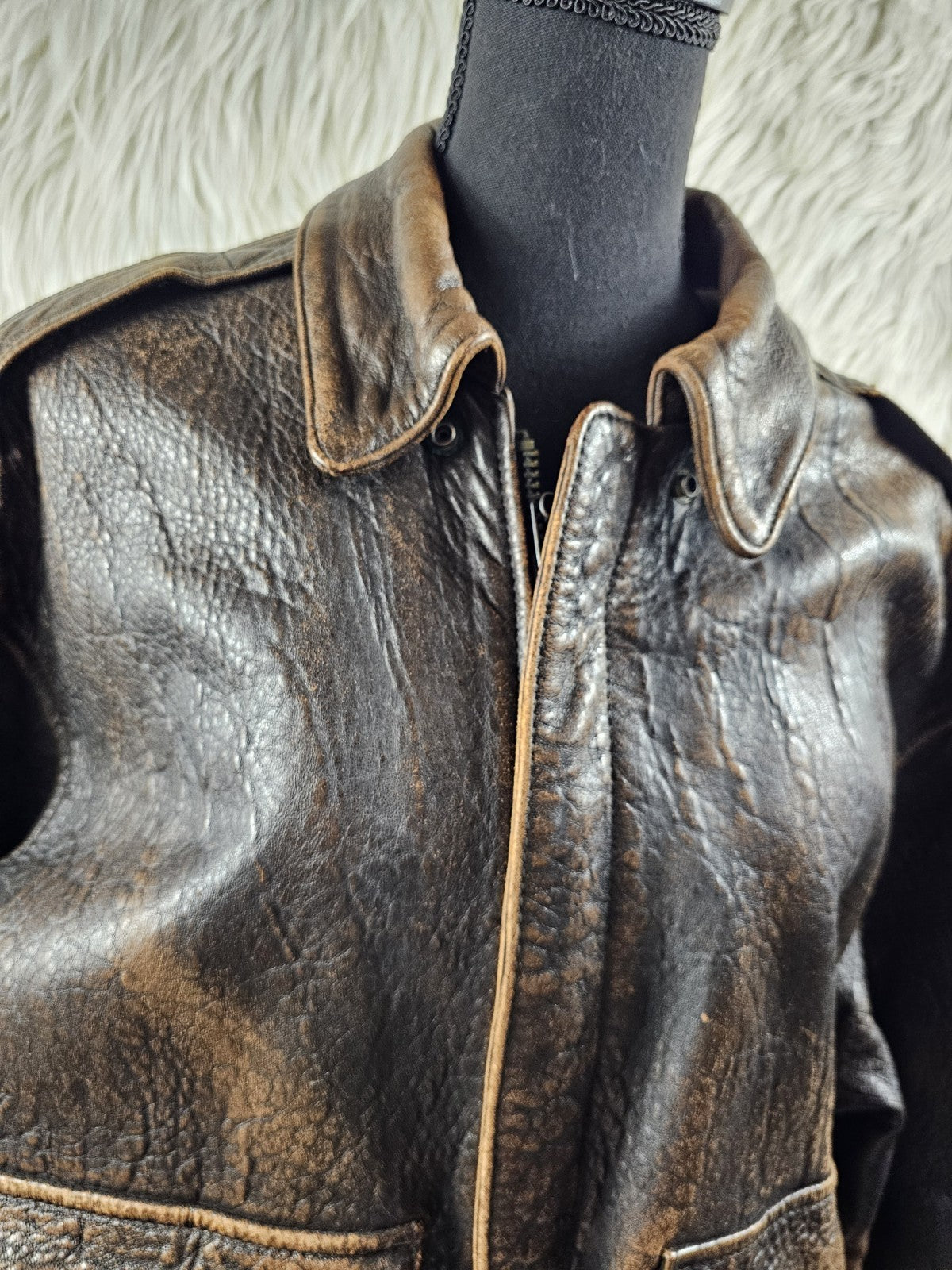 1990s - ONTIME Leather Jacket Mid-length American Casual Distress Brown MED
