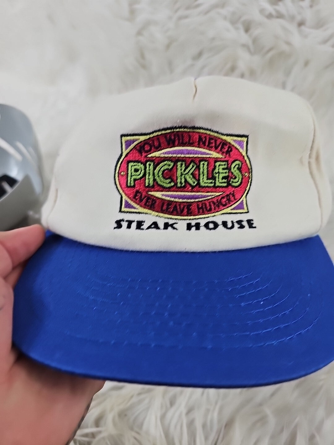 1990s - Pickles Steakhouse Blue Rim Beige Top Snapback Trucker Hat Cap Food