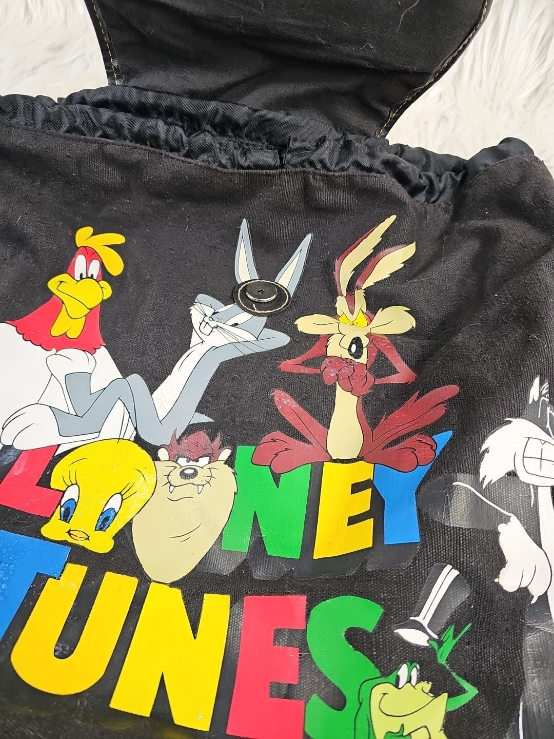 Vintage Looney Tunes WB Backpack Bag Black 90s y2K All Characters Toon Squad