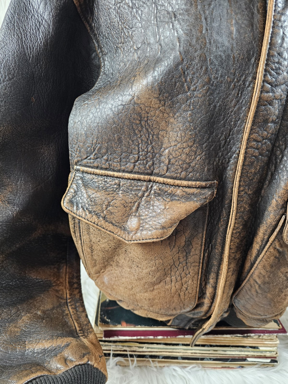 1990s - ONTIME Leather Jacket Mid-length American Casual Distress Brown MED