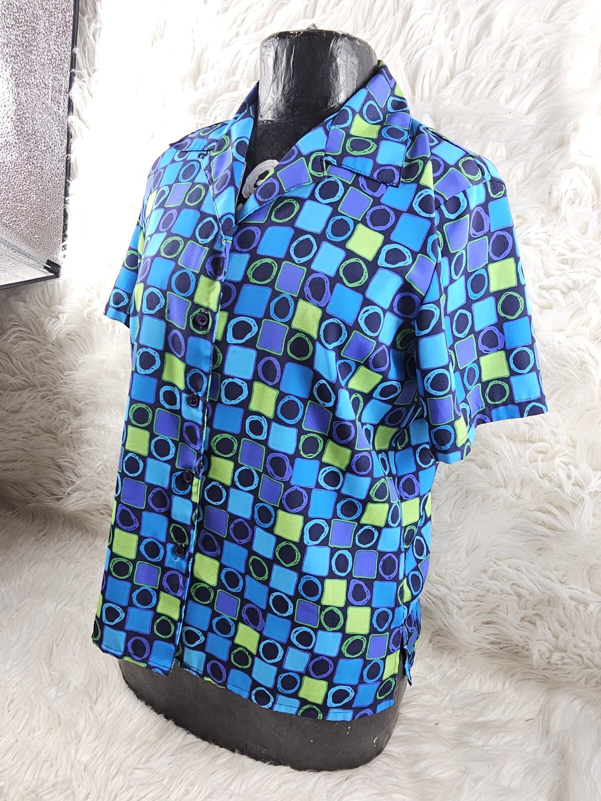 1990s - Silk Checkered Blouse Size S-M Blue Purple Green Colorblock Squares