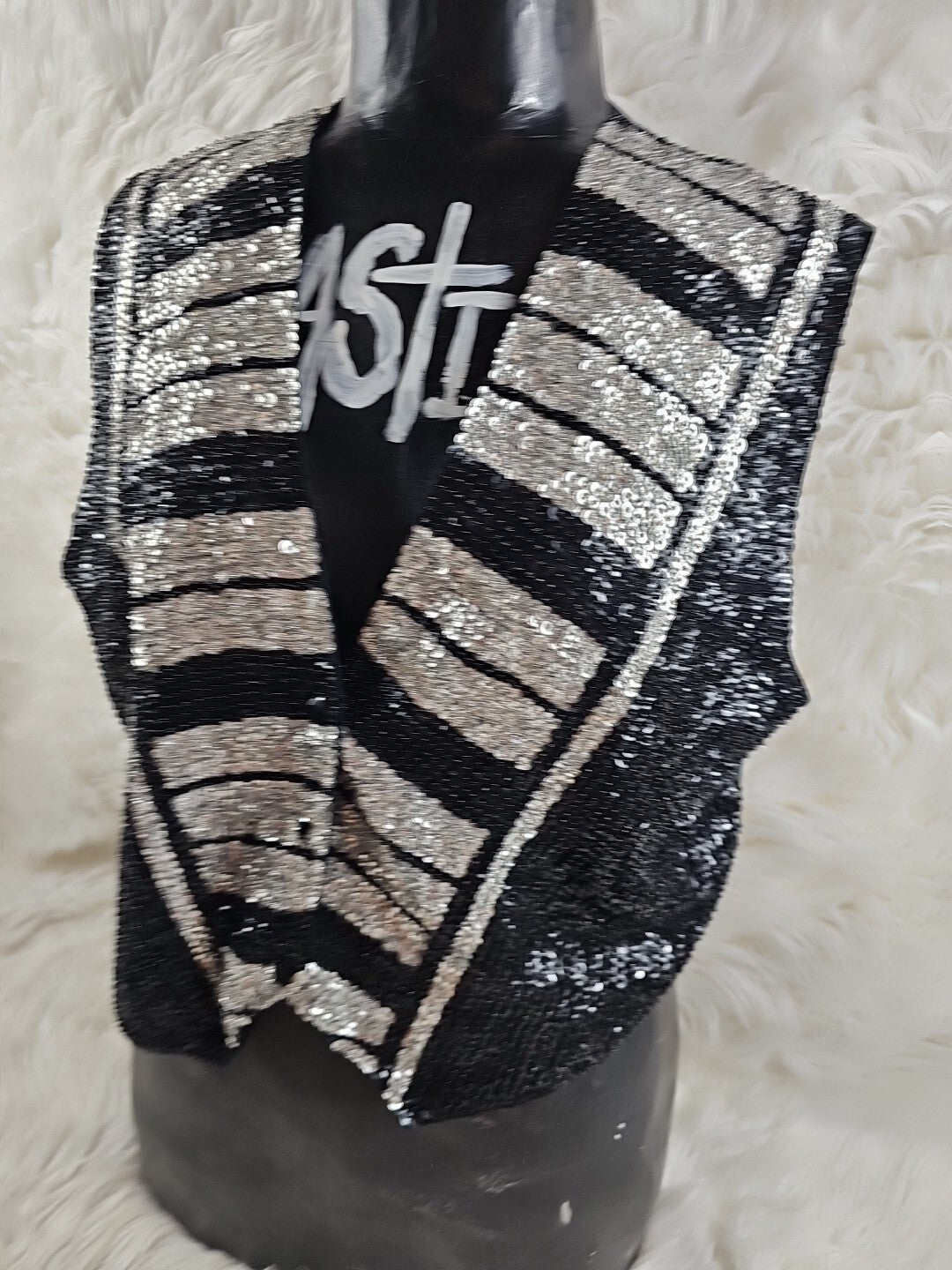 Vintage Match Ups by Natco Medium Sequin Black And White Vest - Psychedelic