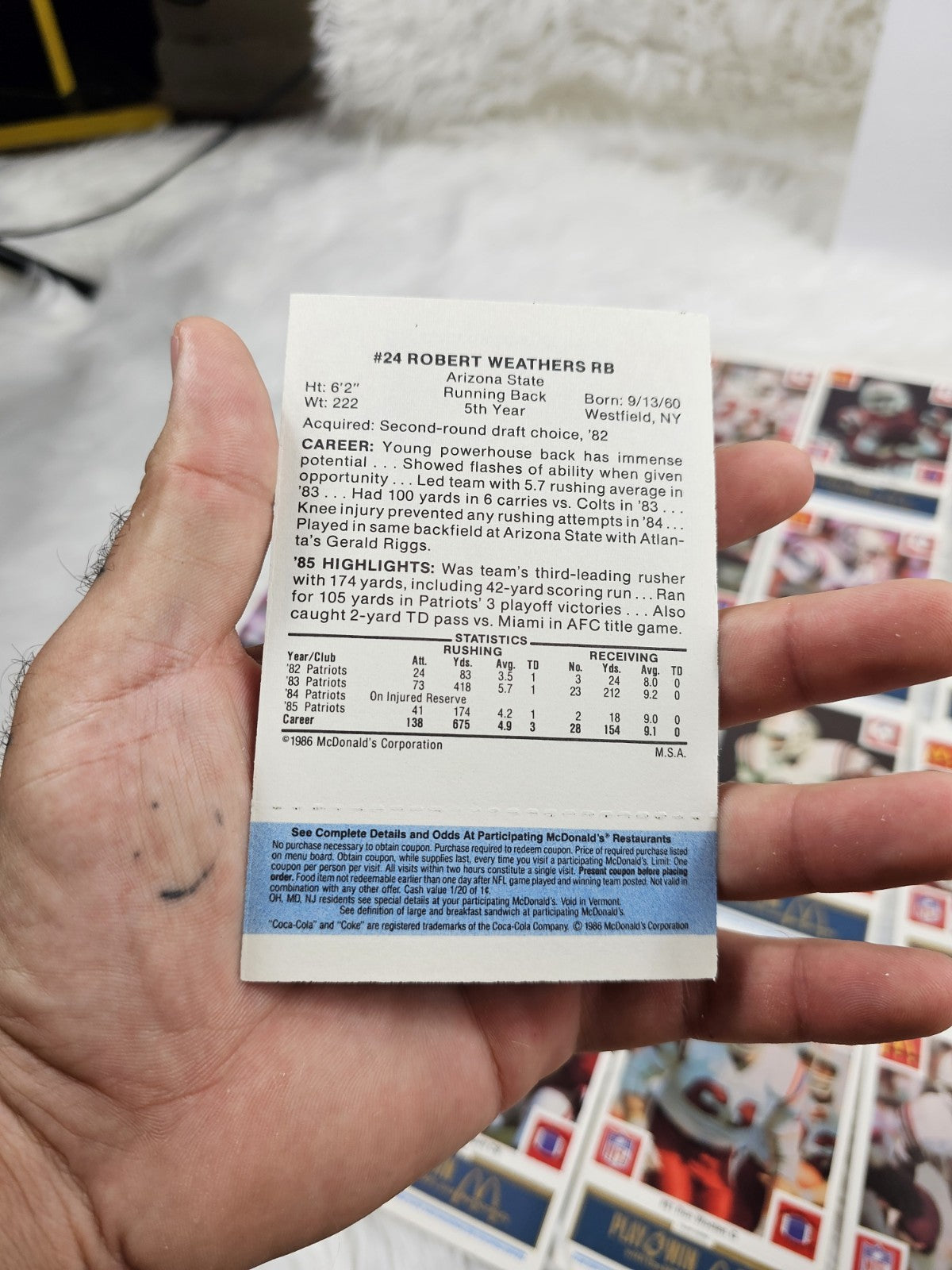 1986 - McDonald's Cards NFL New England Patriots (24) Blue Tab Unscratched MINT