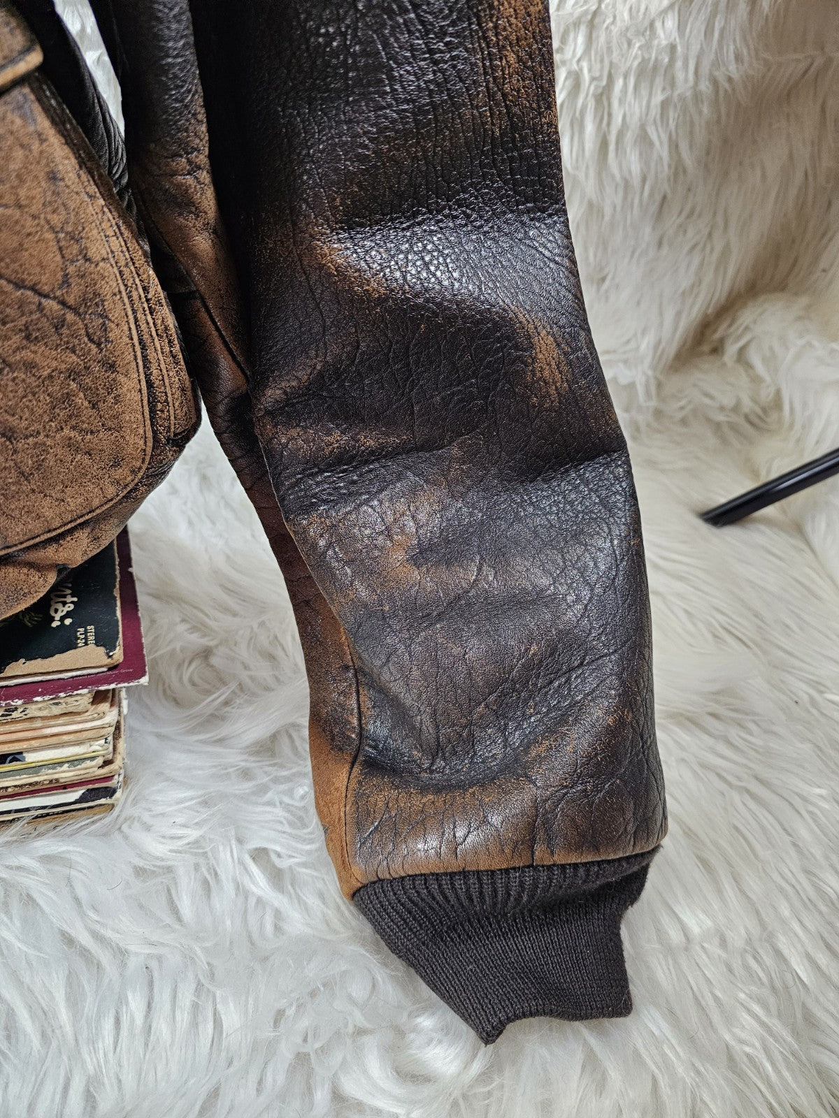 1990s - ONTIME Leather Jacket Mid-length American Casual Distress Brown MED